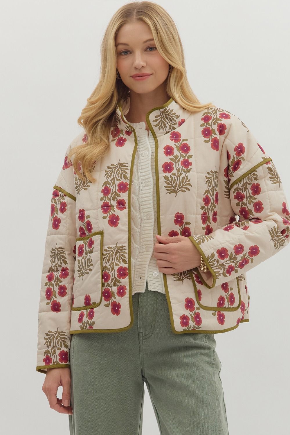 E Botanical Quilted Jacket -Ecru/Red