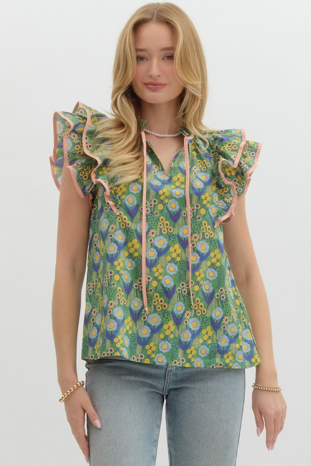 E Green Floral Double Ruffle Sleeve Top – Mint Juleps Shop