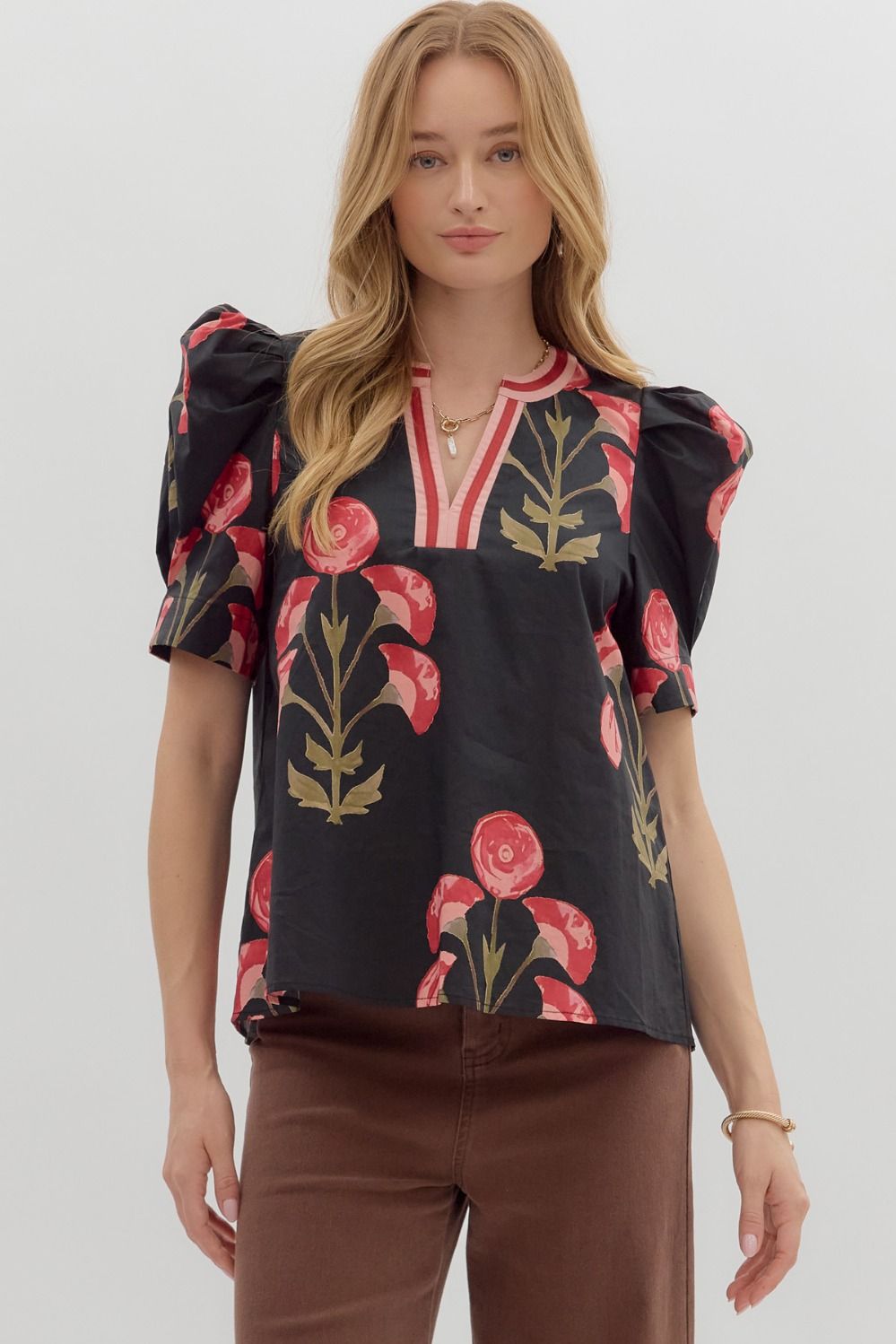 E Black & Pink Floral Print Top