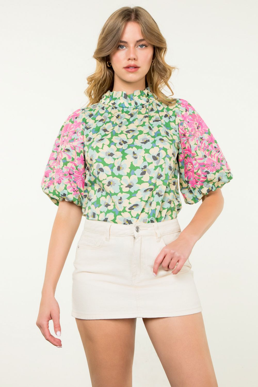 Th Pink Embroidered Puff Sleeve Top