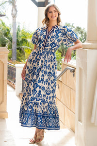 Th Blue Floral Ribbon Trim Maxi Dress