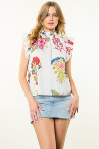 Th Mock Neck White Floral Top