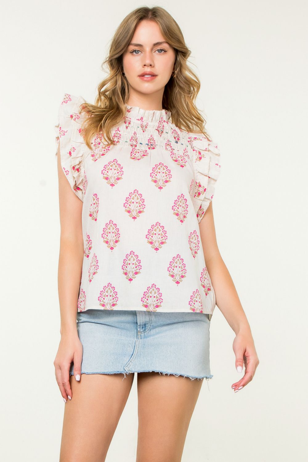 Th Smocked Flutter Sleeve Flower Top