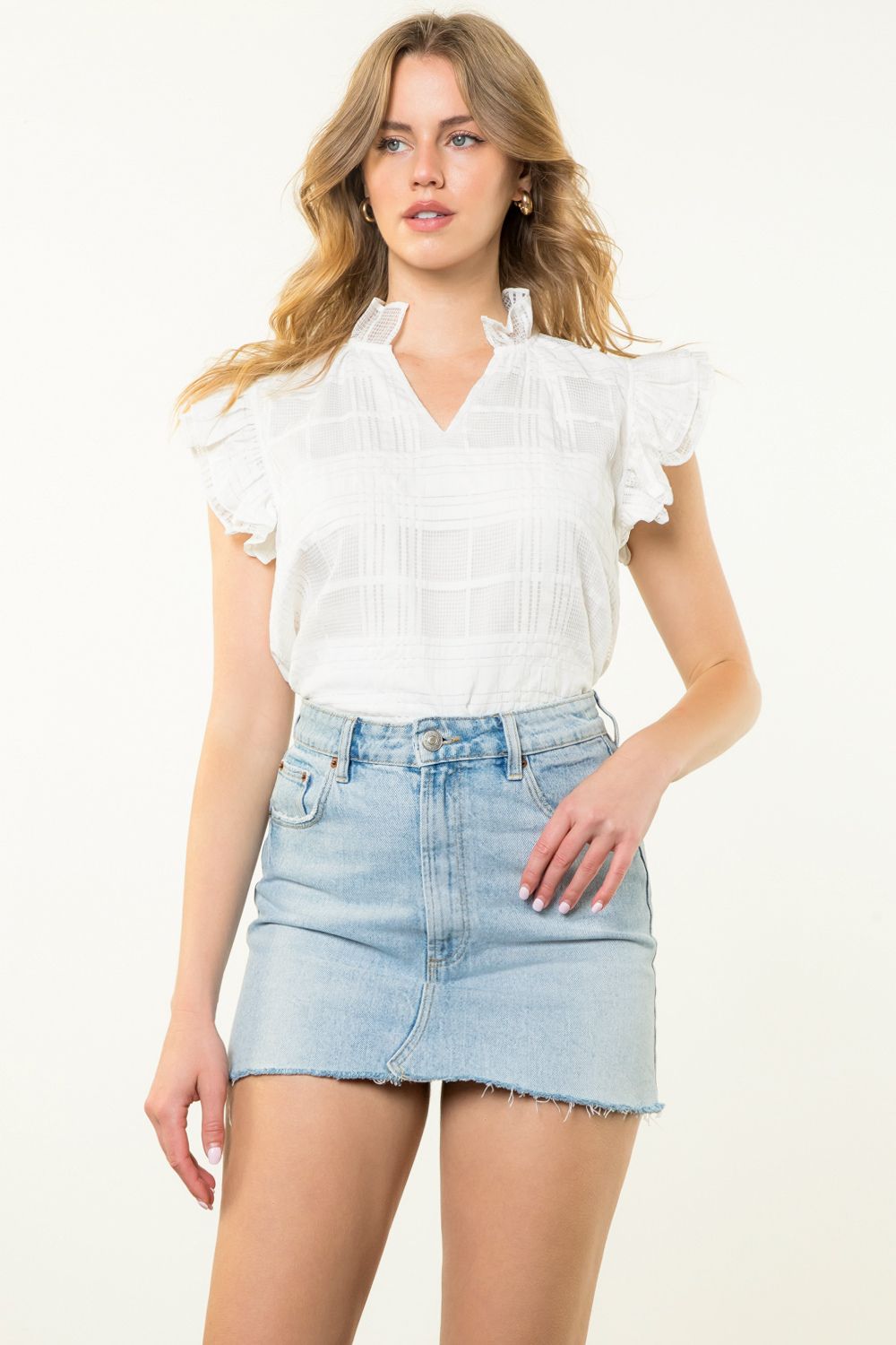 Th White Flutter Sleeve Gingham Top