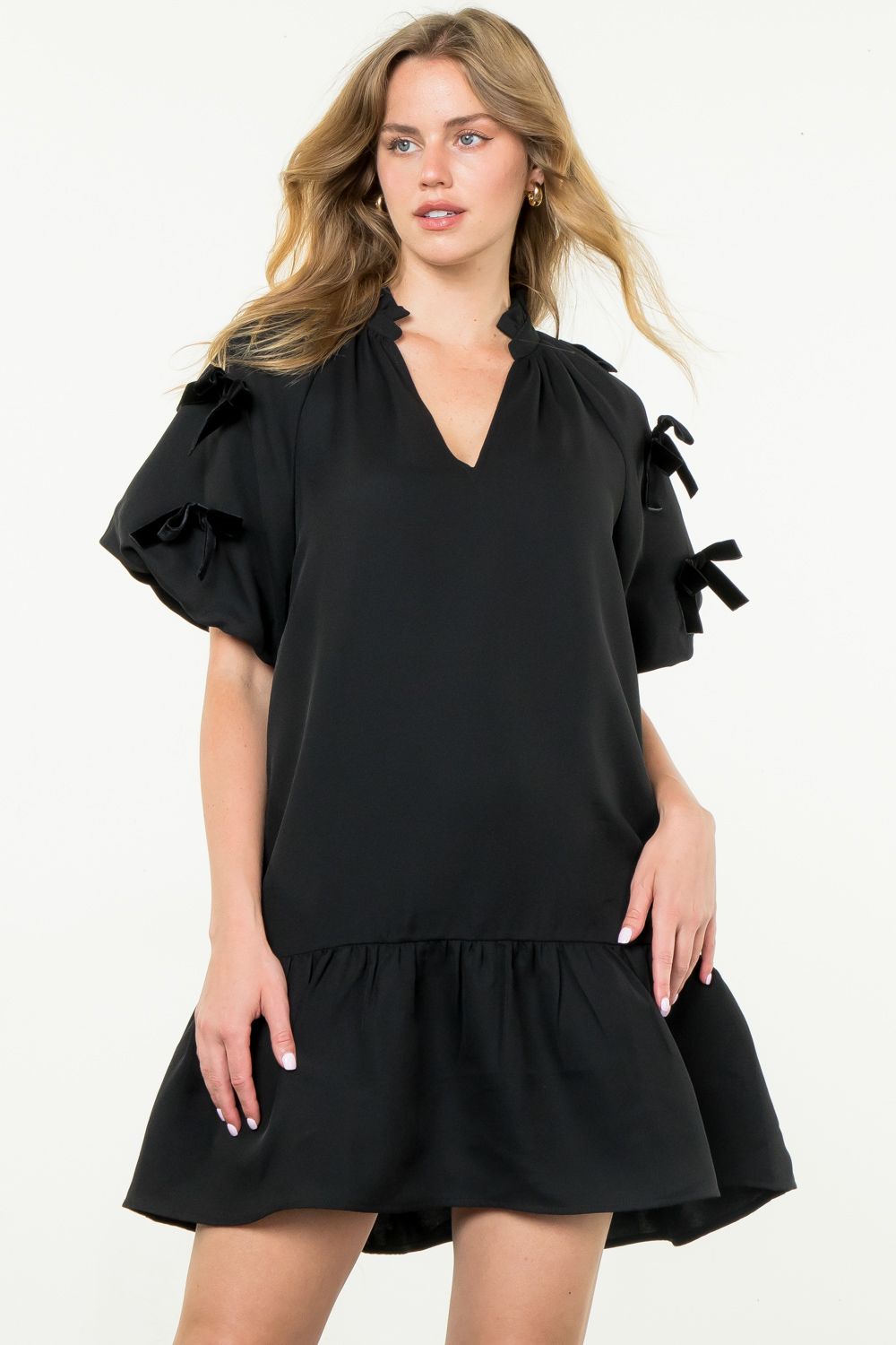 Th Black Bow Detail Puff Sleeve Dress