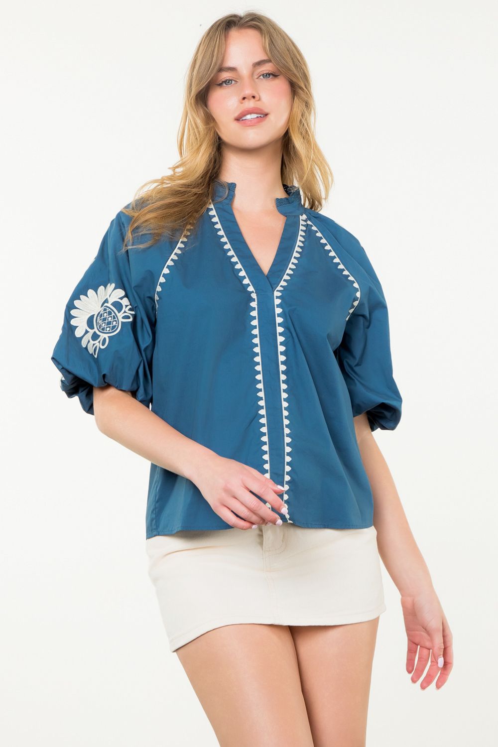 Th Blue Embroidered Puff Sleeve Top
