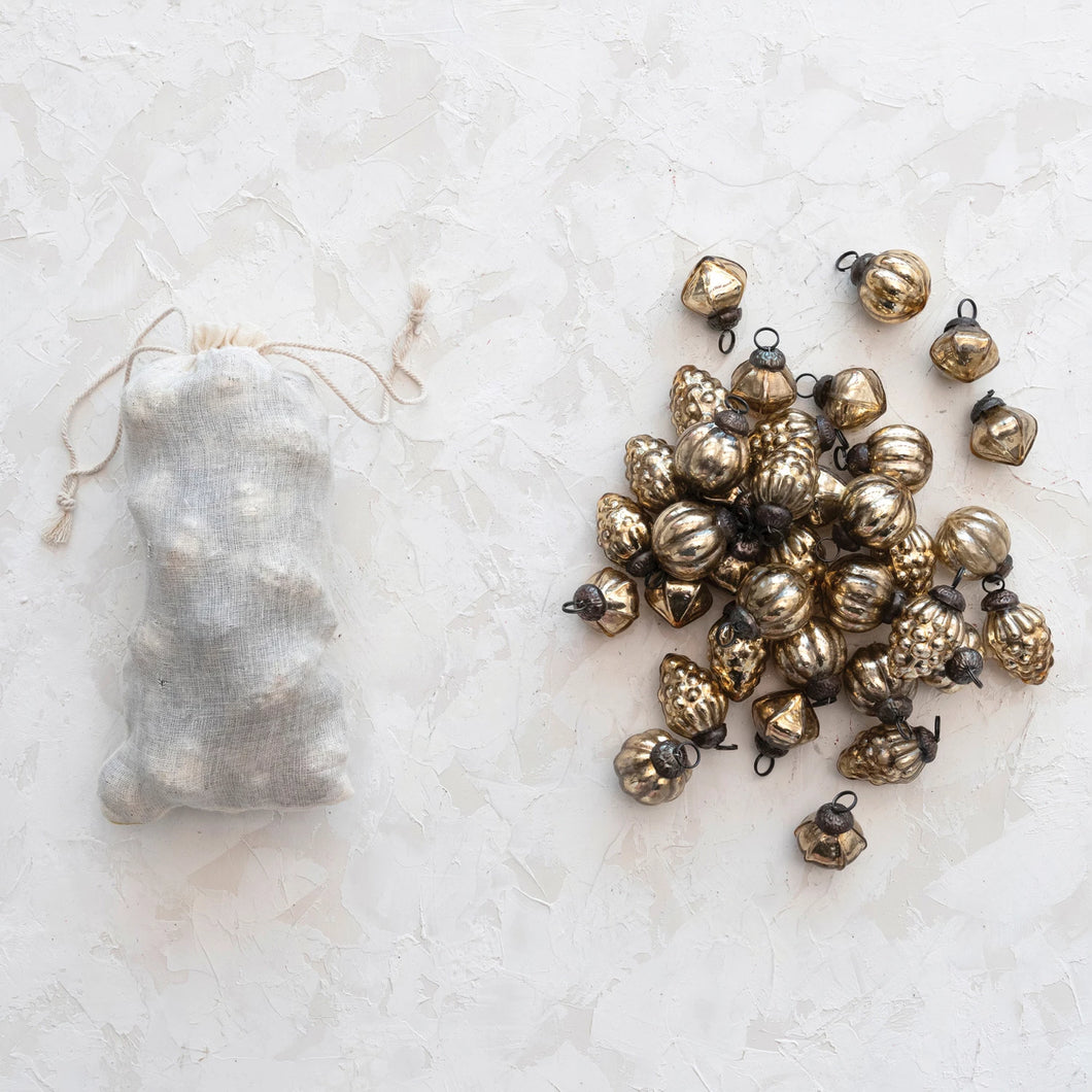 Embossed Mercury Glass Ornaments in Muslin Bag -Antique Gold