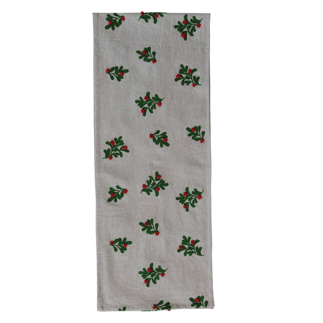 Table Runner with Embroidered Mistletoe Pattern & Pom Poms, Natural
