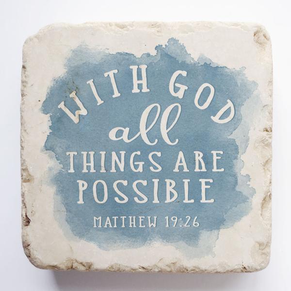 Small Scripture Block -Matthew 19:26 Blue Watercolor