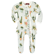 Load image into Gallery viewer, MilkBarn Ruffle Zipper Footed Romper -Bamboo Potted Plants 0-3M
